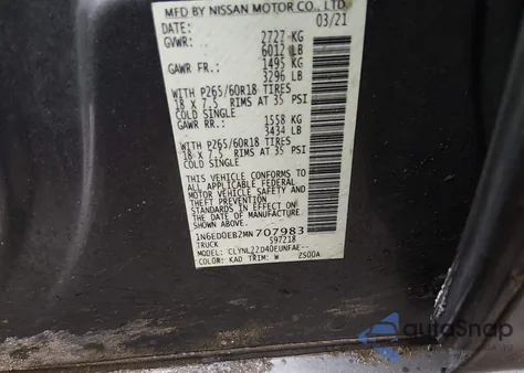 2021 Nissan Frontier Sv 4X4 z USA, uszkodzony, nr VIN 1N6ED0EB2MN707983